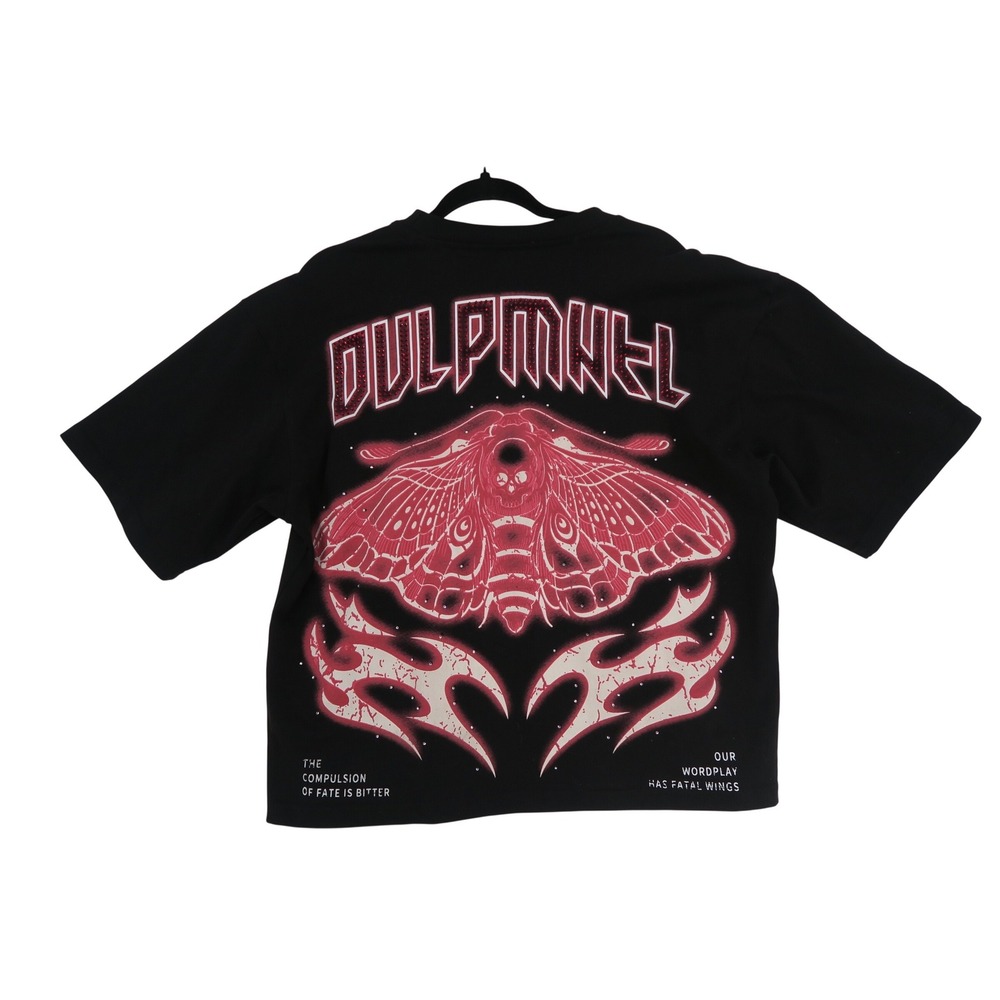 Mens Rhinestone Graphic T-Shirt Small Red Moth Lightning Streetwear Heavy Cotton